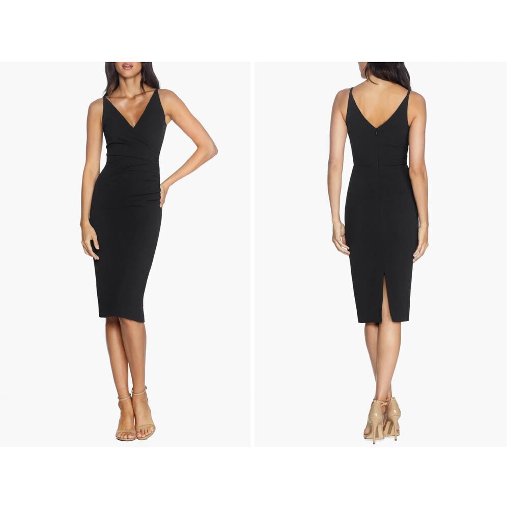 Dress the Population sz XXS‎ black faux wrap evening cocktail pencil dress NWT